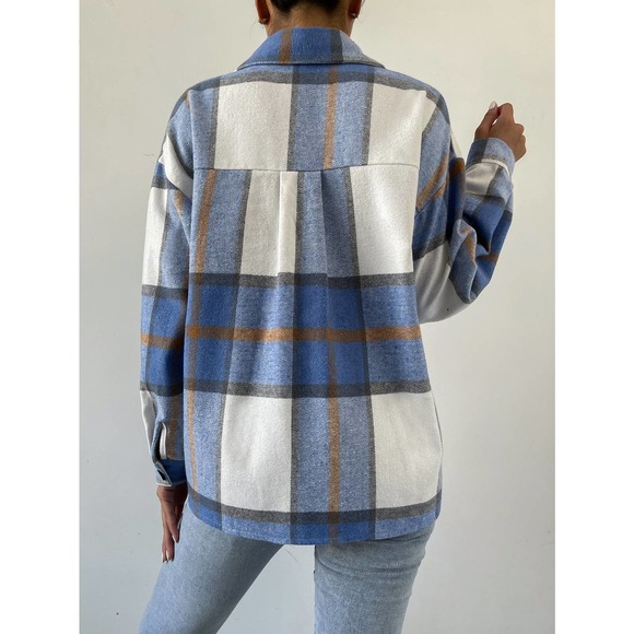 Plaid Flap Pocket boyfriend shacket trucker jacket blue tan white - Picture 2 of 15